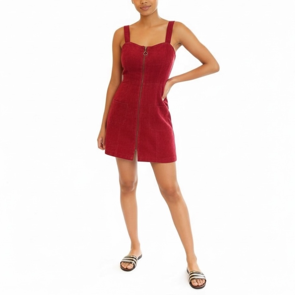 COTTON CANDY LA Women’s Red Corduroy Dress Full Front Zipper W/ Pockets Sz Small